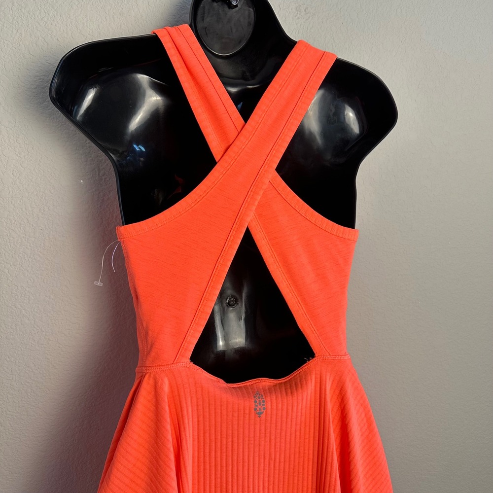 Free People Movement Neon Orange Ribbed Athletic Tennis Dress XS Crisscross Back - Picture 6 of 9